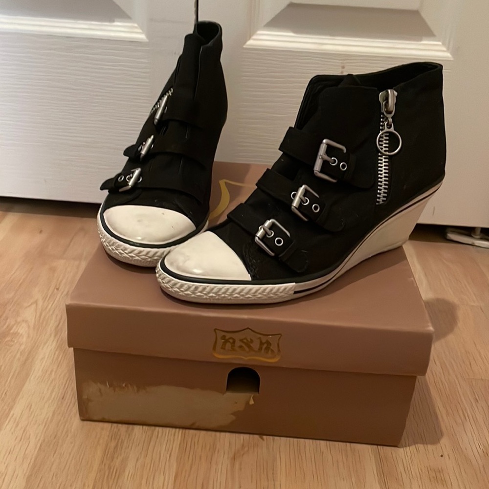 Ash black sneaker  shoes/ silver buckles & zippers /white rubber wedges size 38